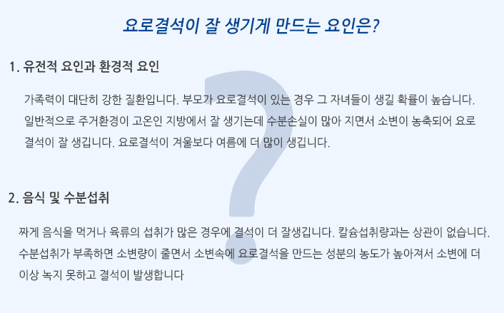 요로결석이 잘 생기게 만드는 요인은? 1. 유전적 요인과 환경적 요인 가족력이 대단히 강한 질환입니다. 부모가 요로결석이 있는 경우 그 자녀들이 생길 확률이 높습니다. 일반적으로 주거환경이 고온인 지방에서 잘 생기는데 수분손실이 많아 지면서 소변이 농축되어 요로결석이 잘 생깁니다. 요로결석이 겨울보다 여름에 더 많이 생깁니다. 2. 음식 및 수분섭취 짜게 음식을 먹거나 육류의 섭취가 많은 경우에 결석이 더 잘생깁니다. 칼슘섭취량과는상관이 없습니다. 수분섭취가 부족하면 소변량이 줄면서 소변속에 요로결석을 만드는 성분의 농도가 높아져서소변에 더 이상 녹지 못하고 결석이 발생합니다